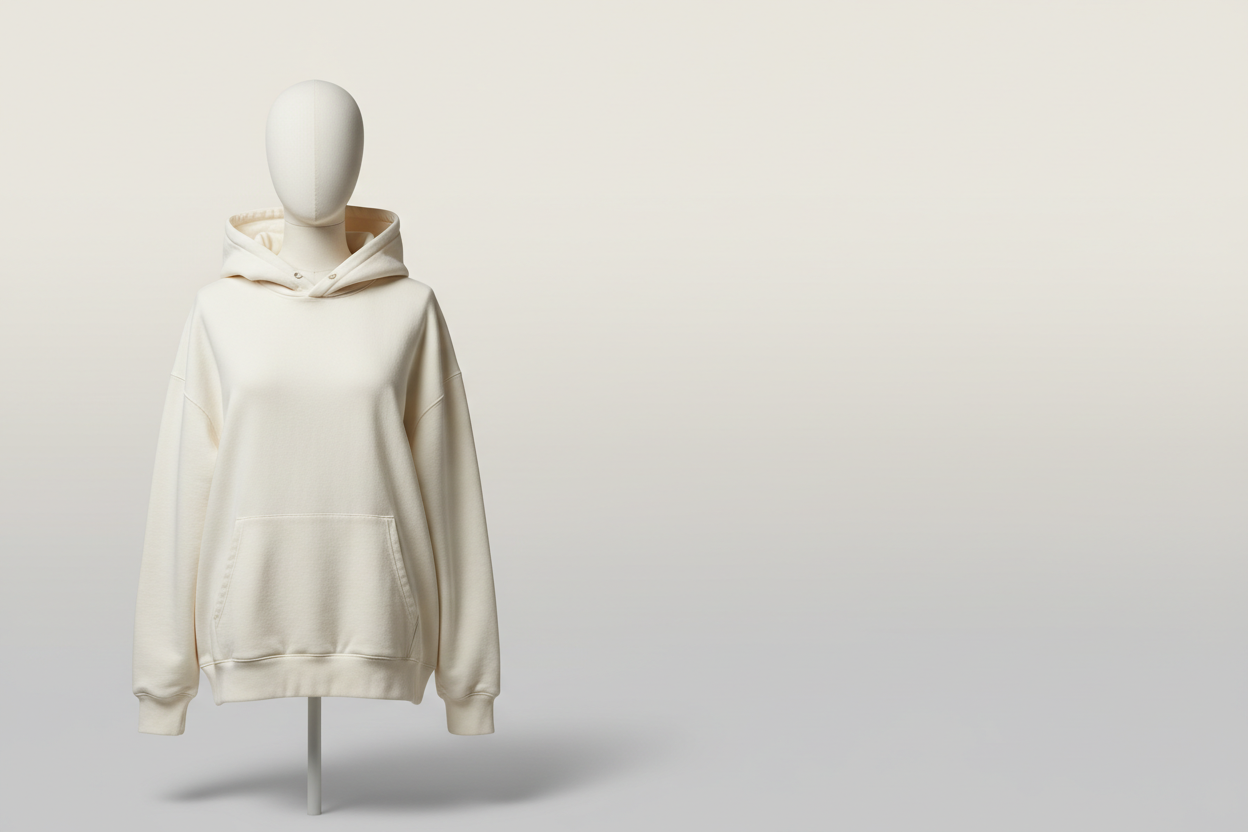 "Minimal Shopify hero banner for custom hoodies. Premium oversized hoodie (neck-down model or mannequin), blank chest area for customization (no text). Soft neutral gradient background, soft studio lighting. Hoodie left, empty space right for website text. Photorealistic, clean, high-end. No logo, no watermark."

Negative

"text, letters, logos, watermark, clutter, distortion, blur, low quality"